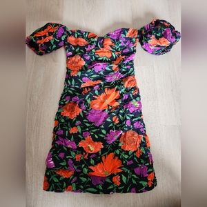 Zara Bold Floral Mini Dress - Black, Orange, Purple